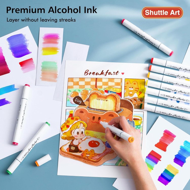 Shuttle Art Alcohol Markers - Dual Brush & Chisel Tip Set, 50 Colors Plus