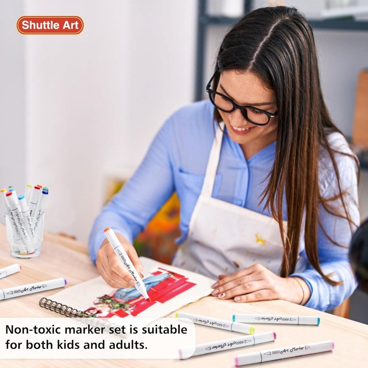 Shuttle Art Alcohol Markers - Dual Brush & Chisel Tip Set, 50 Colors Plus