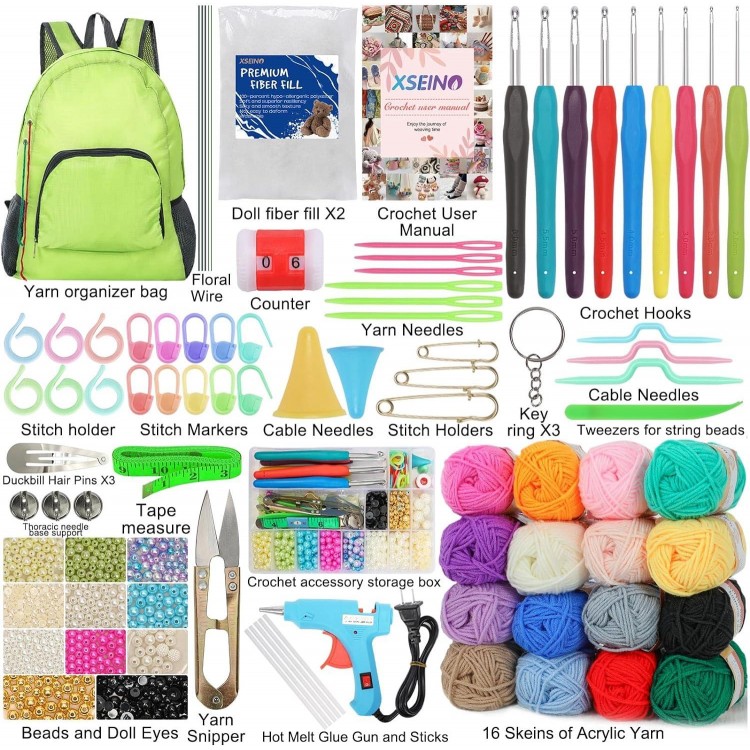 XSEINO Crochet Kit With Tutorials,Includes Premium Crochet Yarn,Crochet Hooks