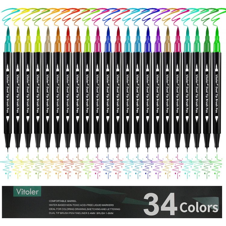 Vitoler Dual Tip Brush Markers Colored Pen,Fine Point Journal Pens