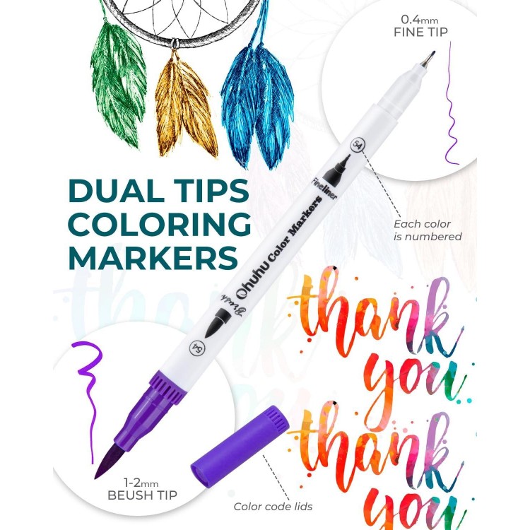 Ohuhu Dual-Tip Markers for Coloring Books - Fine & Brush Pens,Non-Bleeding