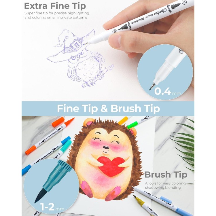Ohuhu Dual-Tip Markers for Coloring Books - Fine & Brush Pens,Non-Bleeding