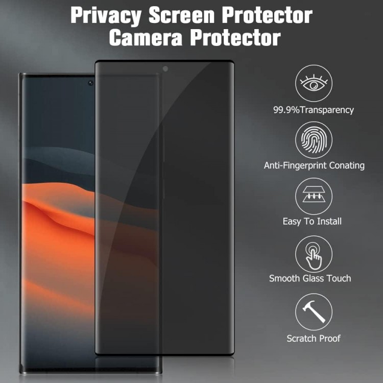 [1+2 Pack] Galaxy S23 Ultra 6.8 Inch Privacy Screen Protector with Camera Lens Protector, 3D Bending, 9H Hardness