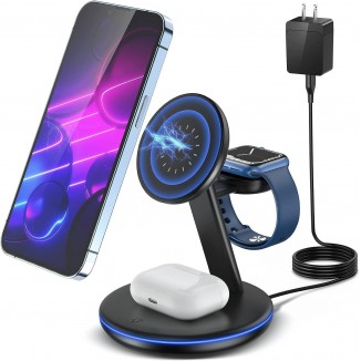 Magnetic Wireless Charging Station for Apple Series, 3-in-1 15W Fast Mag-Safe Charger Stand with QC3.0 Adapter