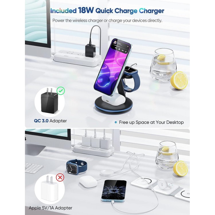 Magnetic Wireless Charging Station for Apple Series, 3-in-1 15W Fast Mag-Safe Charger Stand with QC3.0 Adapter