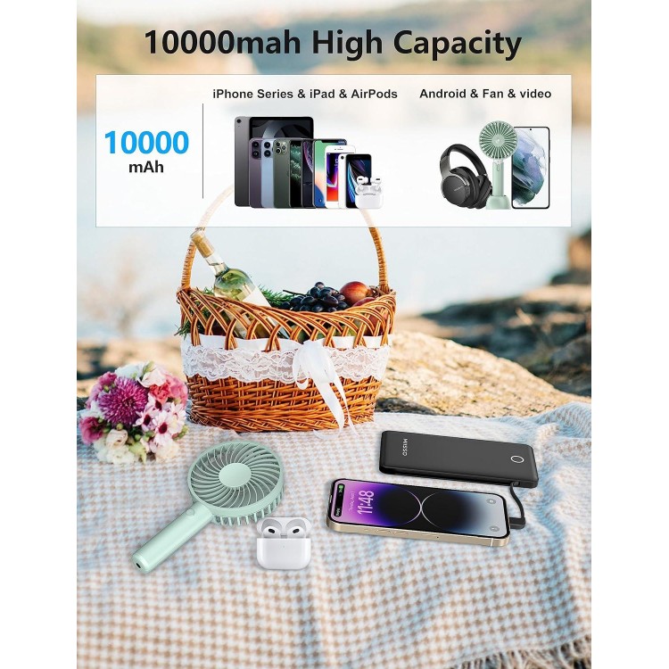 10000mah Slim Portable Charger with Built in Cable, Power Bank Travel Phone Charger External Battery Pack for Phone