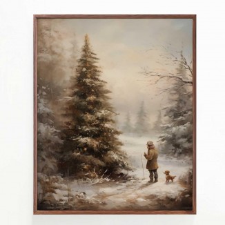 Christmas Vintage Painting Print Winter Rustic Wall Art