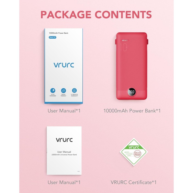 VRURC Portable Charger Built-in Cables and AC Wall Plug, USB C Power Bank 10000mAh, Phone Charger Compact Lightweight External Battery Pack