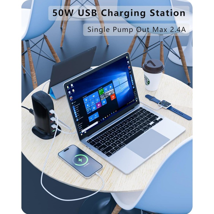 VPSUN USB Charger 6 Port 50W Multi USB Tower Charging Station for Multiple Devices iPhone 15/14/14 Pro/14 Pro Max/13 Pro/13 Pro Max/Android/Samsung/Tablet