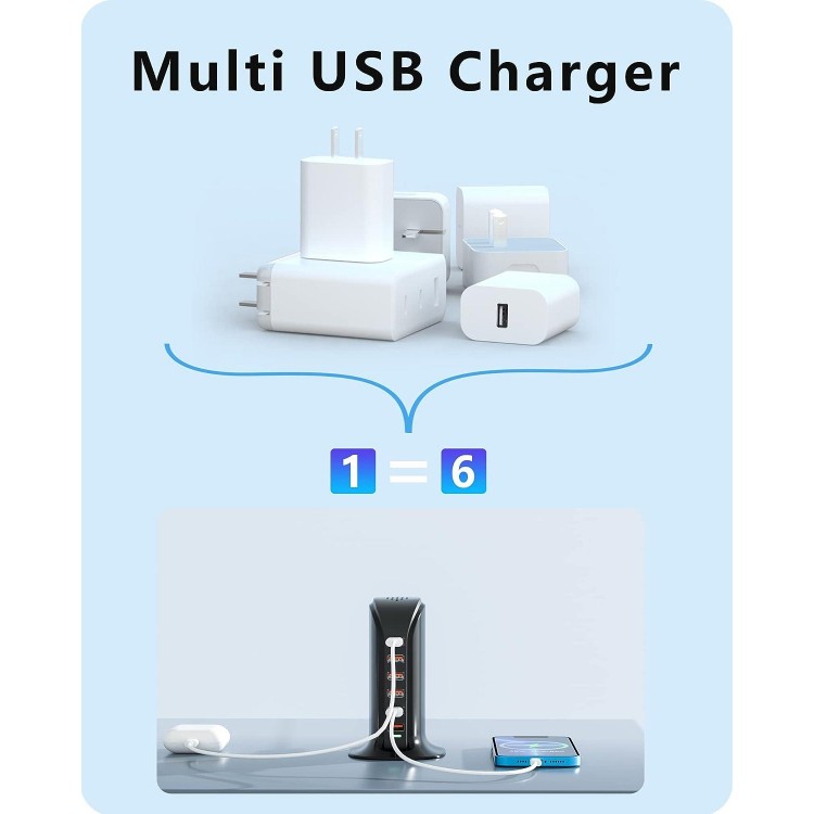 VPSUN USB Charger 6 Port 50W Multi USB Tower Charging Station for Multiple Devices iPhone 15/14/14 Pro/14 Pro Max/13 Pro/13 Pro Max/Android/Samsung/Tablet