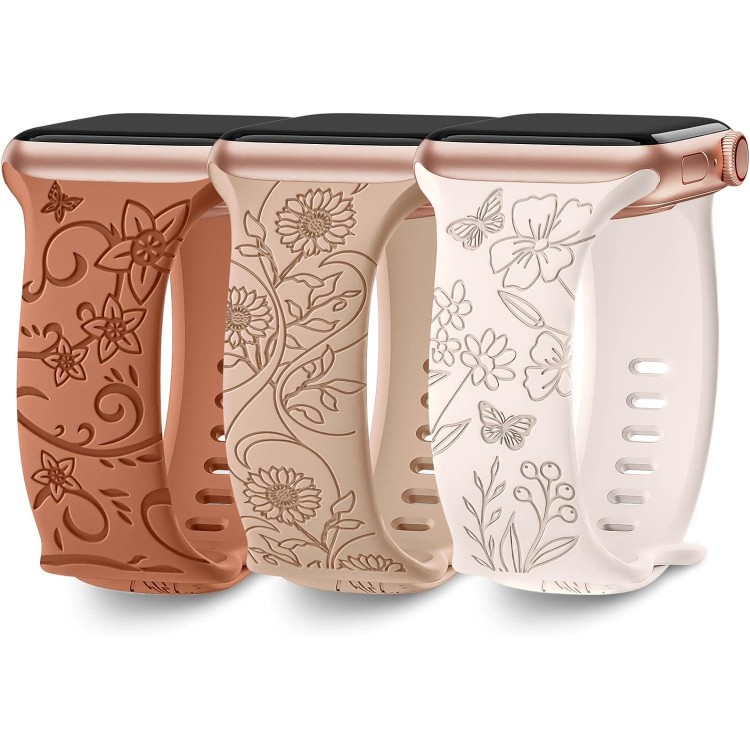 3 Pack Floral Engraved Bands Compatible with Apple Watch Band