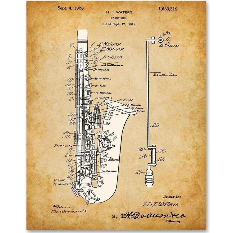 Saxophone -Unframed Patent Print - Makes a Great Music Studio Decor