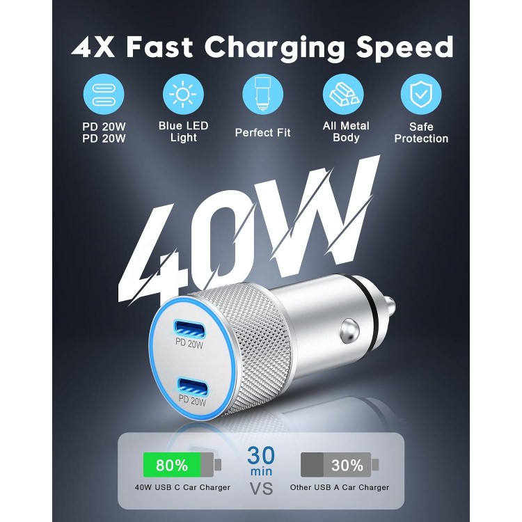 2-Pack 40W Dual Port USB C Car Charger for iPhone 15/15 Pro Max - With 3FT C to C Cable