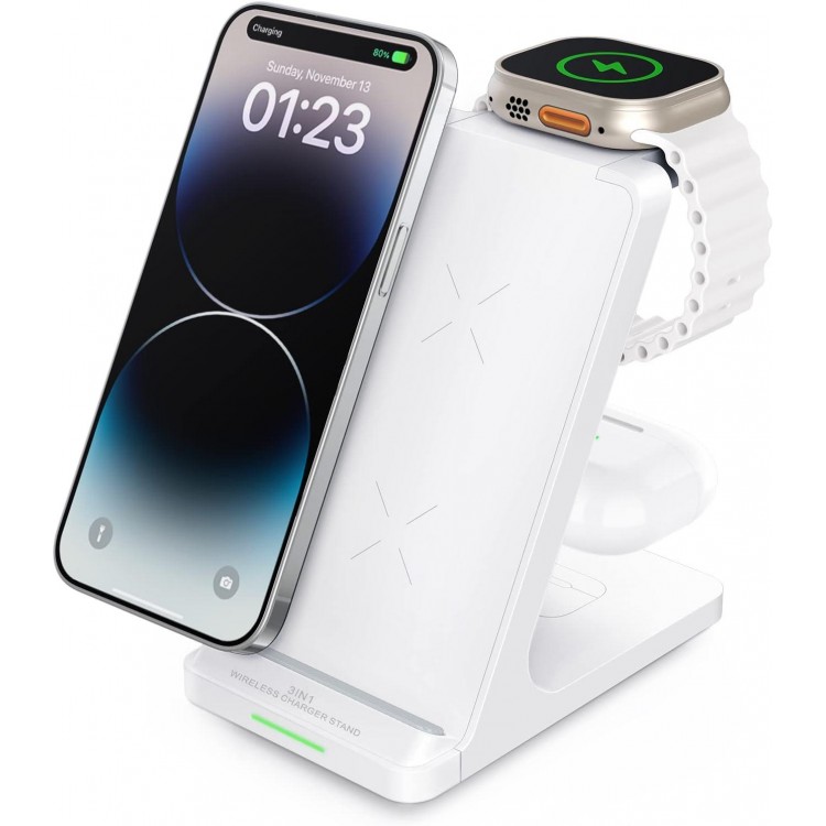 Wireless Charging Station, 3 in 1 Fast Wireless Charger Stand for Multiple Devices Apple Watch Ultra Series 9 8 7 6 SE 5 4 3 2