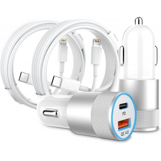 Car Charger [Apple MFi Certified], 2 Pack 48W Dual Port USB C Charger All Metal iPhone Fast Car Adapter with 2x3ft Lightning Cable