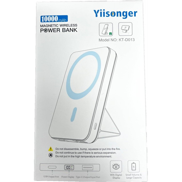 Yiisonger Magnetic Wireless Portable Charger, Foldable 10000mAh Battery Pack with USB-C Cable LED Display