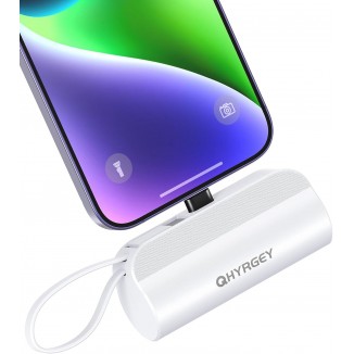 QHYRGEY Portable Charger for iPhone, 5000mAh Mini Power Bank with Built-in Cable & Phone Stand