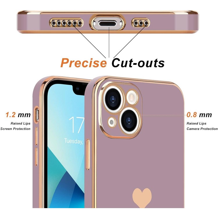 Compatible with iPhone 13 Case for Girl Women Cute Love-Heart Luxury Bling Plating Soft Back Cover Raised Camera Protection Bumper Silicone Shockproof Phone Case