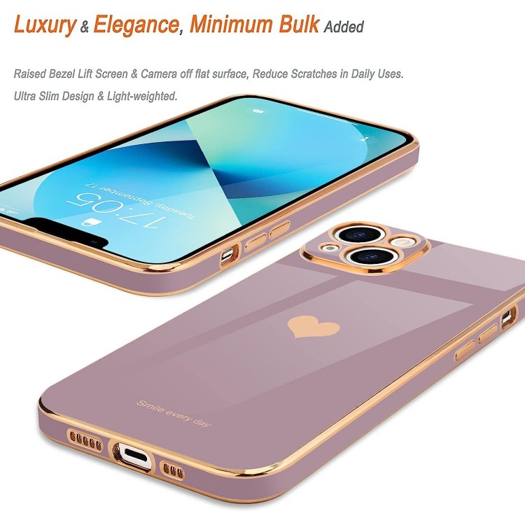 Compatible with iPhone 13 Case for Girl Women Cute Love-Heart Luxury Bling Plating Soft Back Cover Raised Camera Protection Bumper Silicone Shockproof Phone Case