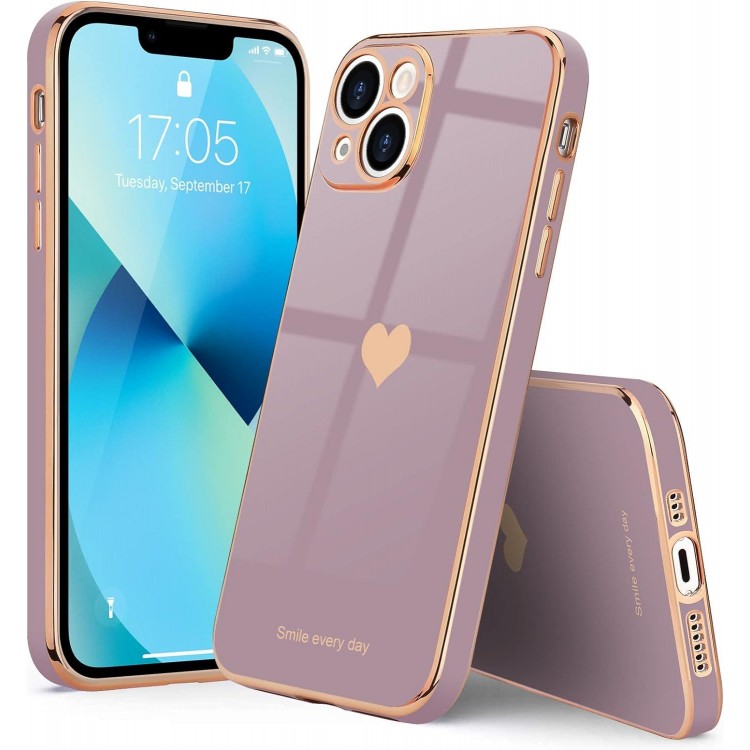 Compatible with iPhone 13 Case for Girl Women Cute Love-Heart Luxury Bling Plating Soft Back Cover Raised Camera Protection Bumper Silicone Shockproof Phone Case