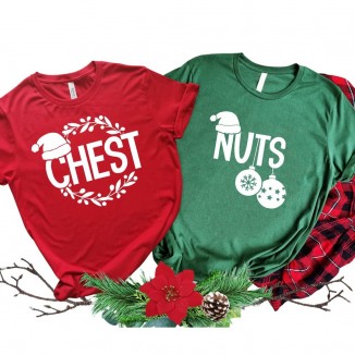 Chest And Nuts Christmas Shirts, Couples Matching Pajamas TOP ONLY