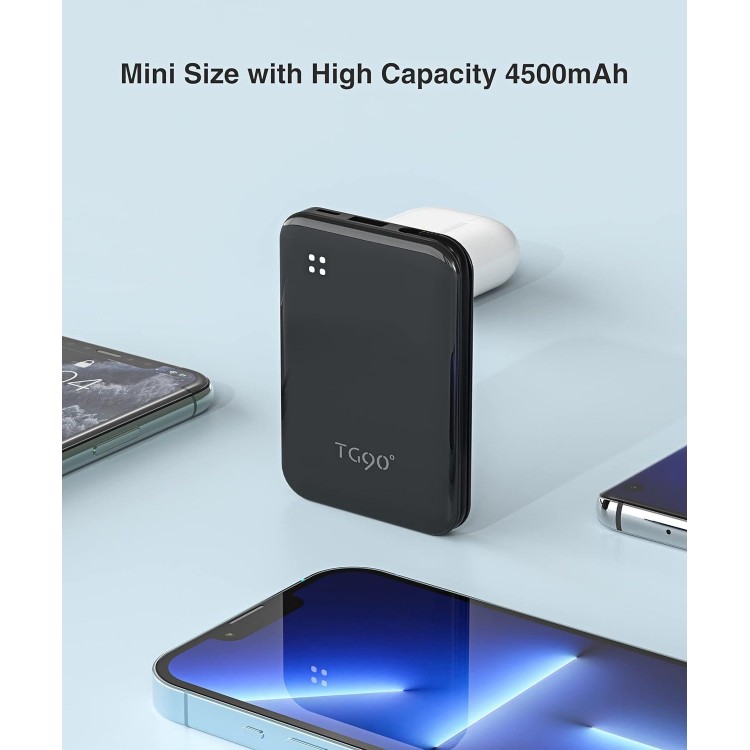 TG90° Mini Power Bank 4500mah Portable Charger with Built in Cable, Ultra Compact Battery Pack Portable Phone Charger