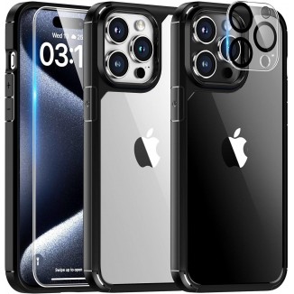 TAURI 5 in 1 for iPhone 15 Pro Case Black, with 2X Screen Protector + 2X Camera Lens Protector, Shockproof Slim Case for iPhone 15 Pro