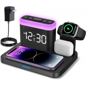 Wireless Charging Station, 5 in 1 Wireless Charger Stand with Alarm Clock, 7 Night Lights, Charging Dock