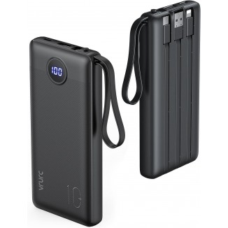 VRURC Portable Charger with Built in Cables, 10000mAh Slim USB C Power Bank,5 Output 2 Input LED Display External Battery Pack Phone Charger Compatible