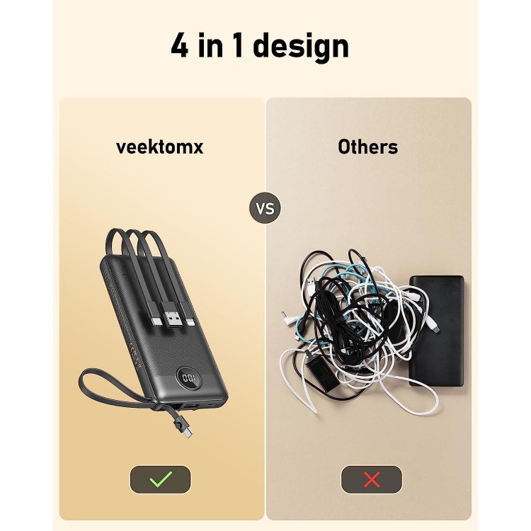VEEKTOMX Portable Charger with Built-in Cables - 10000mAh Power Bank for iPhone - Slim Fast Charge USB C Battery Pack