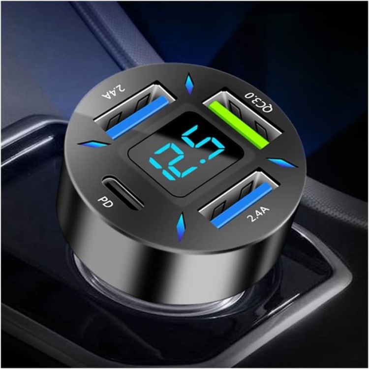 Car Charger 66W Super Fast Charging with USB PD&QC 3.0(Voltmeter&LED Lights) Universal Quick Charge for 12-24V Car Cigarette Lighter Plug,Compatible