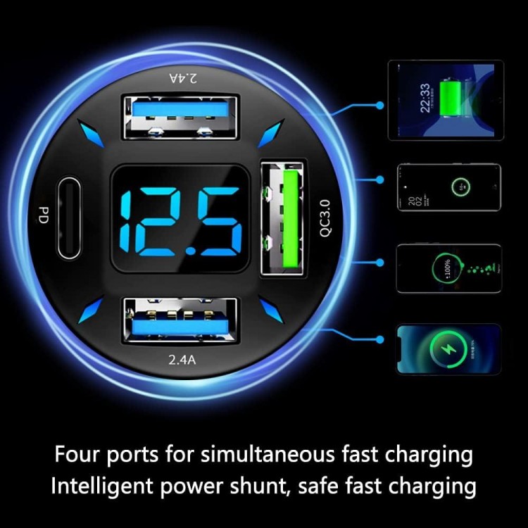 Car Charger 66W Super Fast Charging with USB PD&QC 3.0(Voltmeter&LED Lights) Universal Quick Charge for 12-24V Car Cigarette Lighter Plug,Compatible