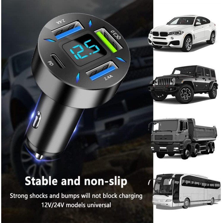 Car Charger 66W Super Fast Charging with USB PD&QC 3.0(Voltmeter&LED Lights) Universal Quick Charge for 12-24V Car Cigarette Lighter Plug,Compatible