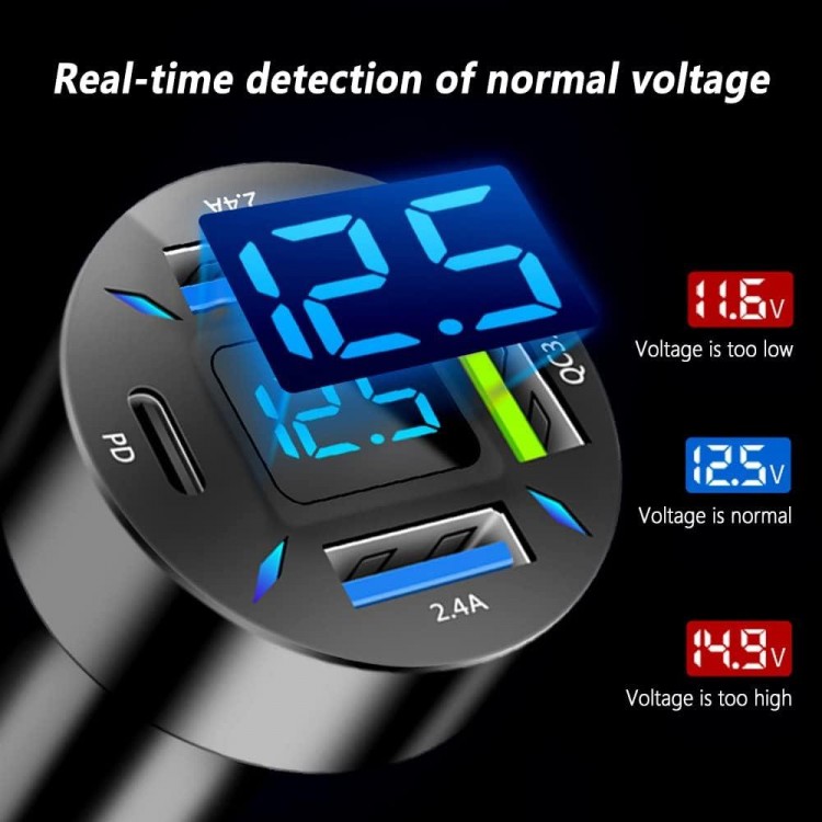 Car Charger 66W Super Fast Charging with USB PD&QC 3.0(Voltmeter&LED Lights) Universal Quick Charge for 12-24V Car Cigarette Lighter Plug,Compatible