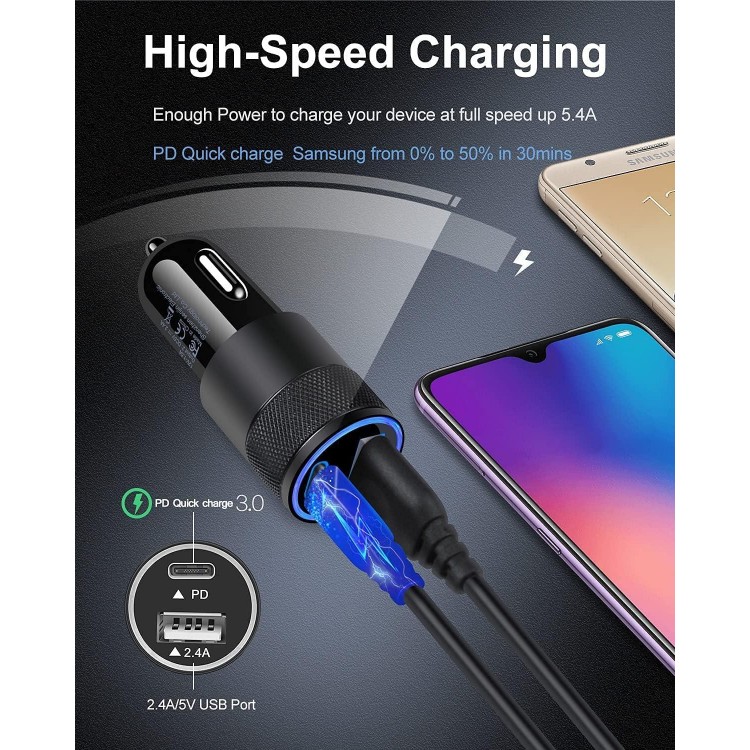 AILKIN 30W PD USB C Car Charger, USB Type C Fast Power Charging Block Dual Port USB A & USBC Plug Cargador Carro Lighter Adapter