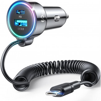 USB C 60W Super Fast Car Charger PD& QC3.0 with 5ft 30W Type C Coiled Cable, Car Phone Charger Adapter