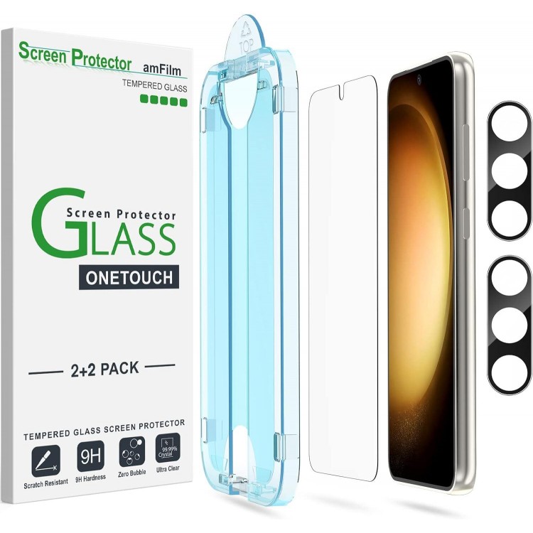 amFilm [2+2 Pack OneTouch Tempered Glass Screen Protector for Samsung Galaxy S23+/S23 Plus 6.6 Inch with Camera Lens Protector