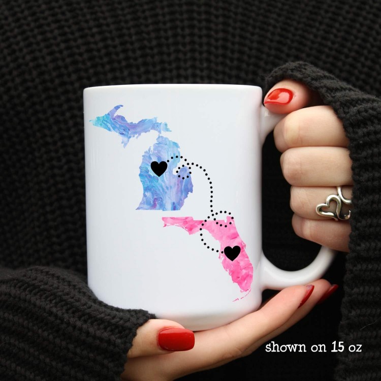 Custom Quote Long Distance State Mug, Hearts over Cities, 11oz or 15oz