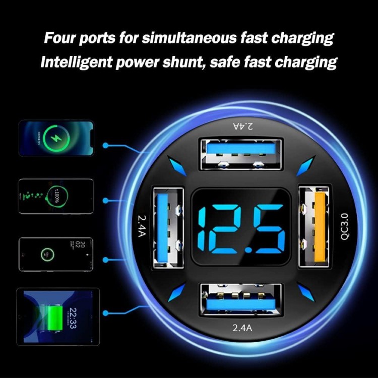 66W Fast USB Car Charger Fast Charge with Voltmeter LED Light Display Car Charger Adapter Compatible