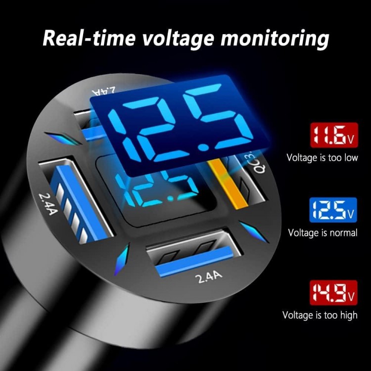 66W Fast USB Car Charger Fast Charge with Voltmeter LED Light Display Car Charger Adapter Compatible