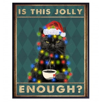 Cat Christmas Wall Art - Black cat Santa Claus in Christmas lights