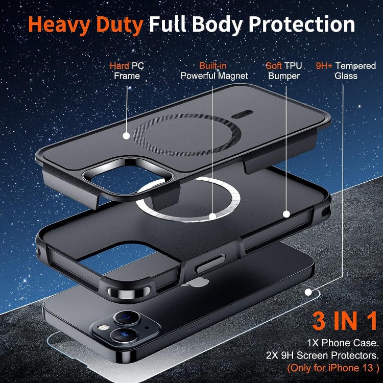SUPFINE Magnetic for iPhone 13 Case  Non-Slip Heavy Duty Full-Body Shockproof Phone Case,Black