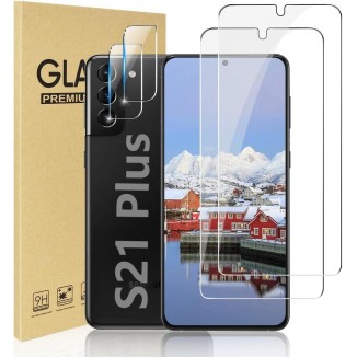 [2+2 Pack] S21+Plus Glass Screen Protector and Camera Protector, HD Clear 9H Tempered Glass Scratch Resistant, Fingerprint Unlock