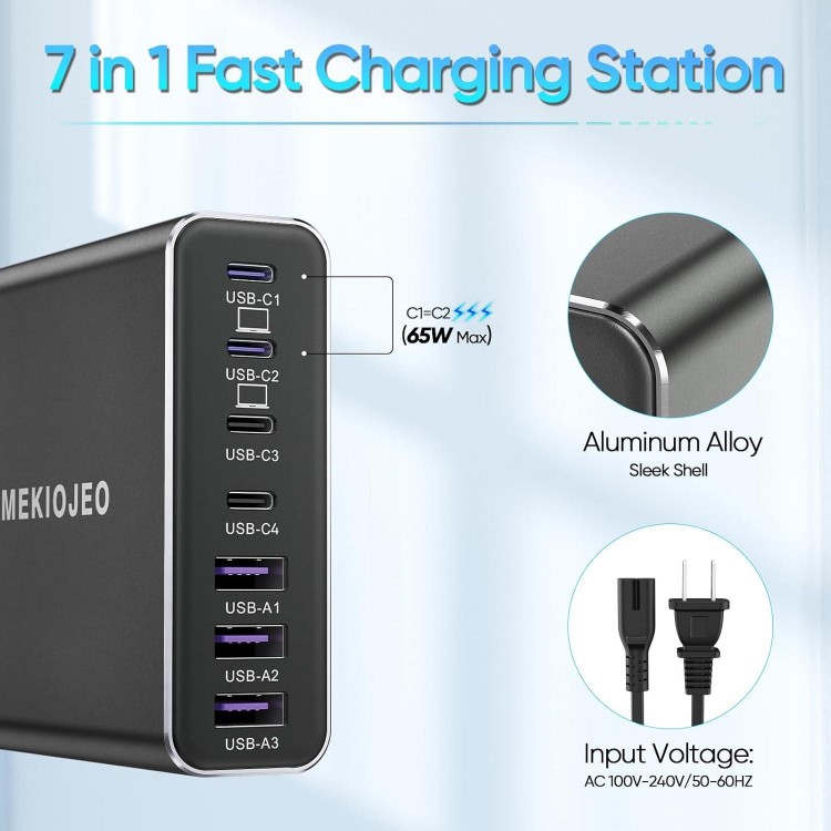 MEKIOJEO Aluminum Alloy USB C Charger GaN Charger Fast USB C Charging Station 7 Ports 65W Laptop Charger for MacBook Pro/Air/iPad Pro/iPhone (Black)