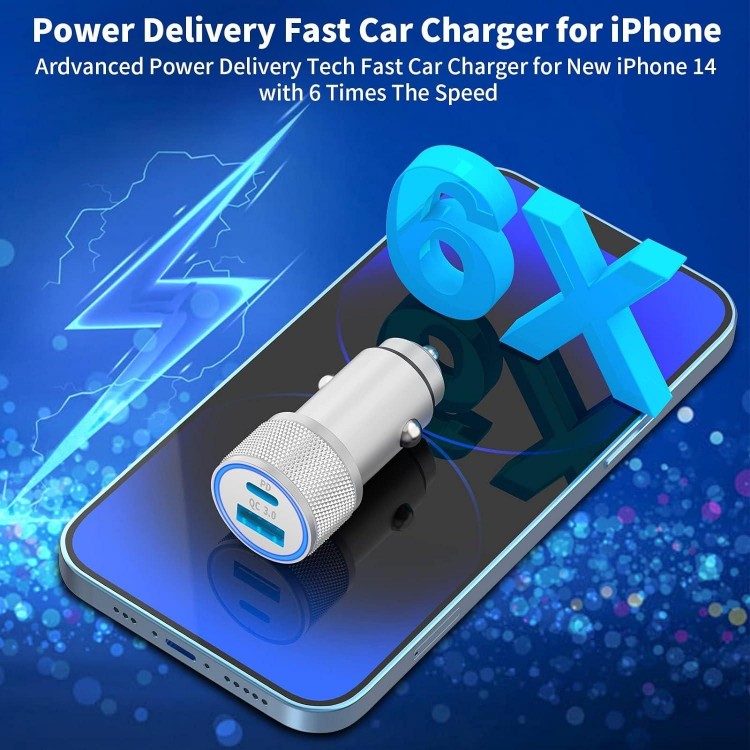 [Apple MFi Certified] iPhone Fast Car Charger, Veetone 48W Dual Port USB C Power Delivery All Metal Car Adapter with 2 Pack Lightning Cable