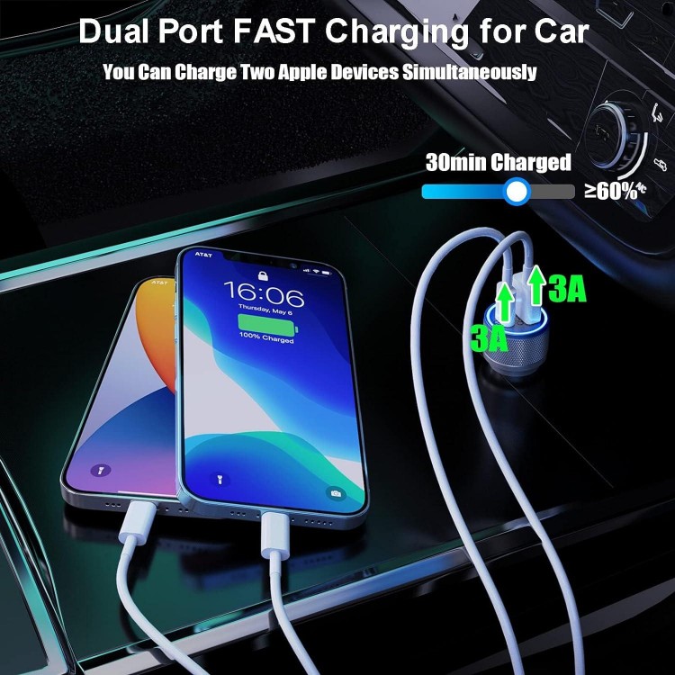 [Apple MFi Certified] iPhone Fast Car Charger, Veetone 48W Dual Port USB C Power Delivery All Metal Car Adapter with 2 Pack Lightning Cable