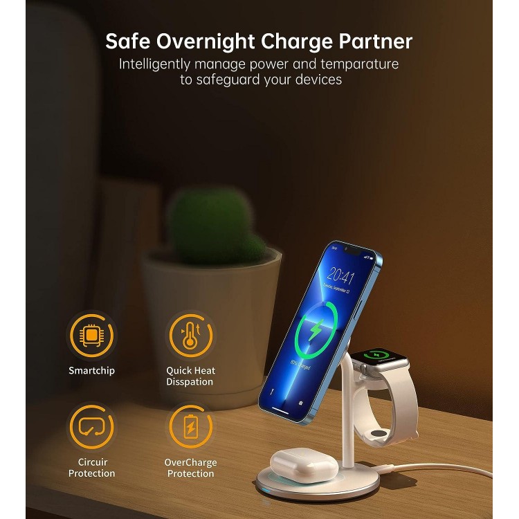 3 in 1 Wireless Charging Station for Multiple Devices, 15W Fast Wireless Mag-Safe Charger Stand