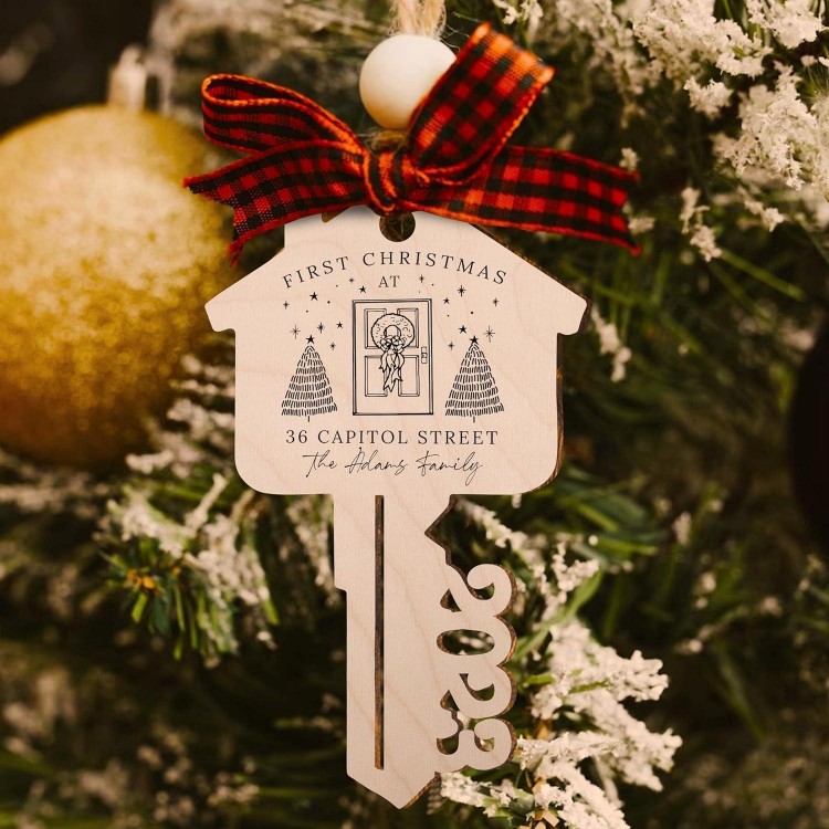 Custom First Christmas in Our New Home Address Key Wood Ornament
