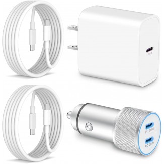 iPhone 15 Car Charger Fast Charging, 20W USB C Charger Block + 2 x 3FT USB-C to C Cable + 40W Dual USB C Car Adapter Power Cigarette Lighter Charger