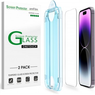 amFilm Easiest Installation OneTouch for iPhone 14 Pro [6.1 Inch] Screen Protector Tempered Glass, Auto-Alignment Tech